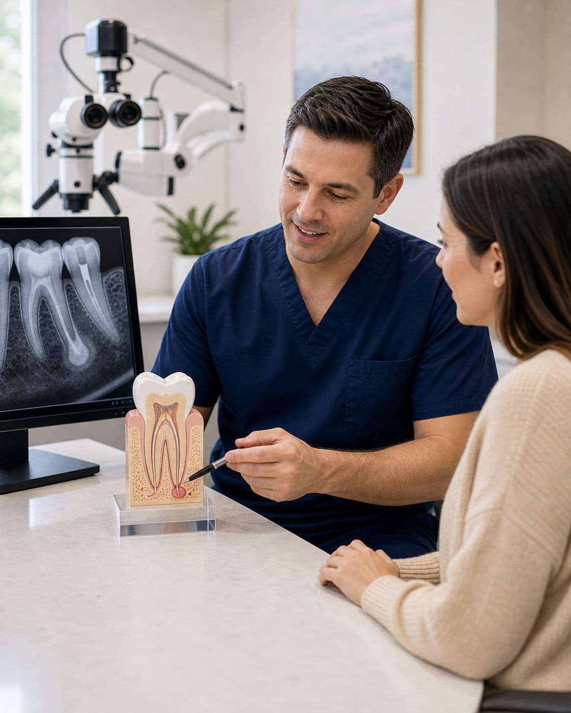 Apicoectomy consultation using a root-tip anatomy model at Bixby Endodontics
