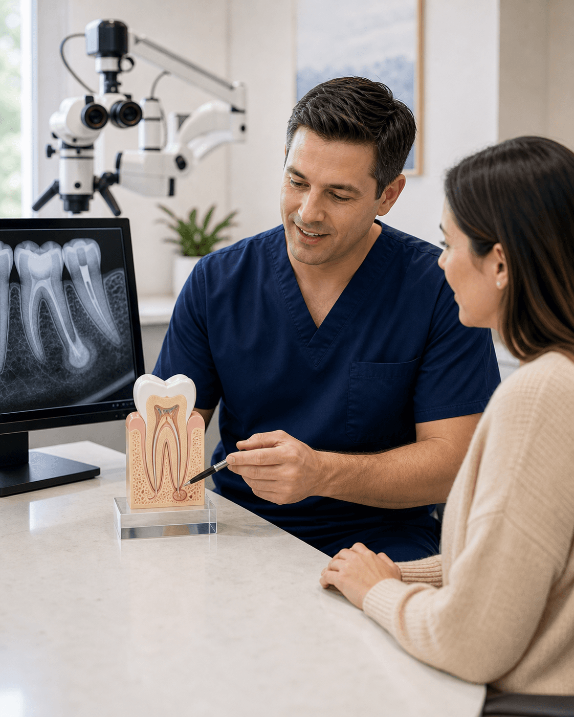 Apicoectomy consultation using a root-tip anatomy model at Bixby Endodontics