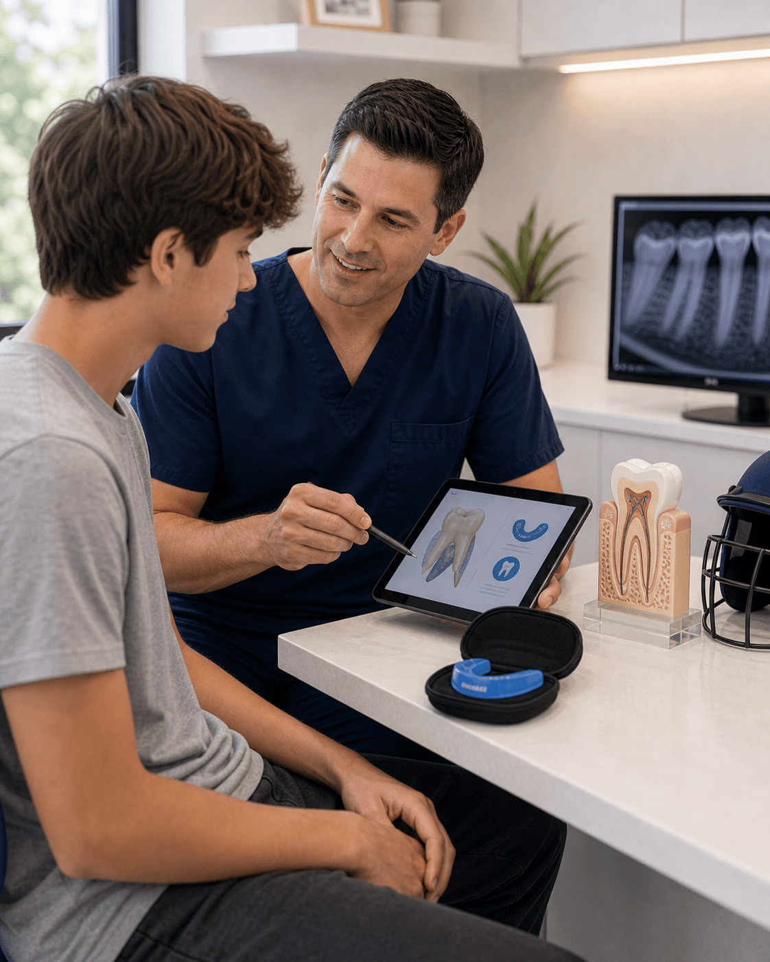 Dental trauma consultation with a mouthguard and tooth model at Bixby Endodontics