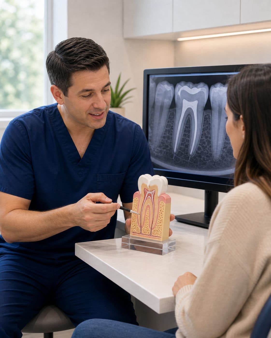 Endodontic retreatment consultation reviewing a previously treated tooth at Bixby Endodontics