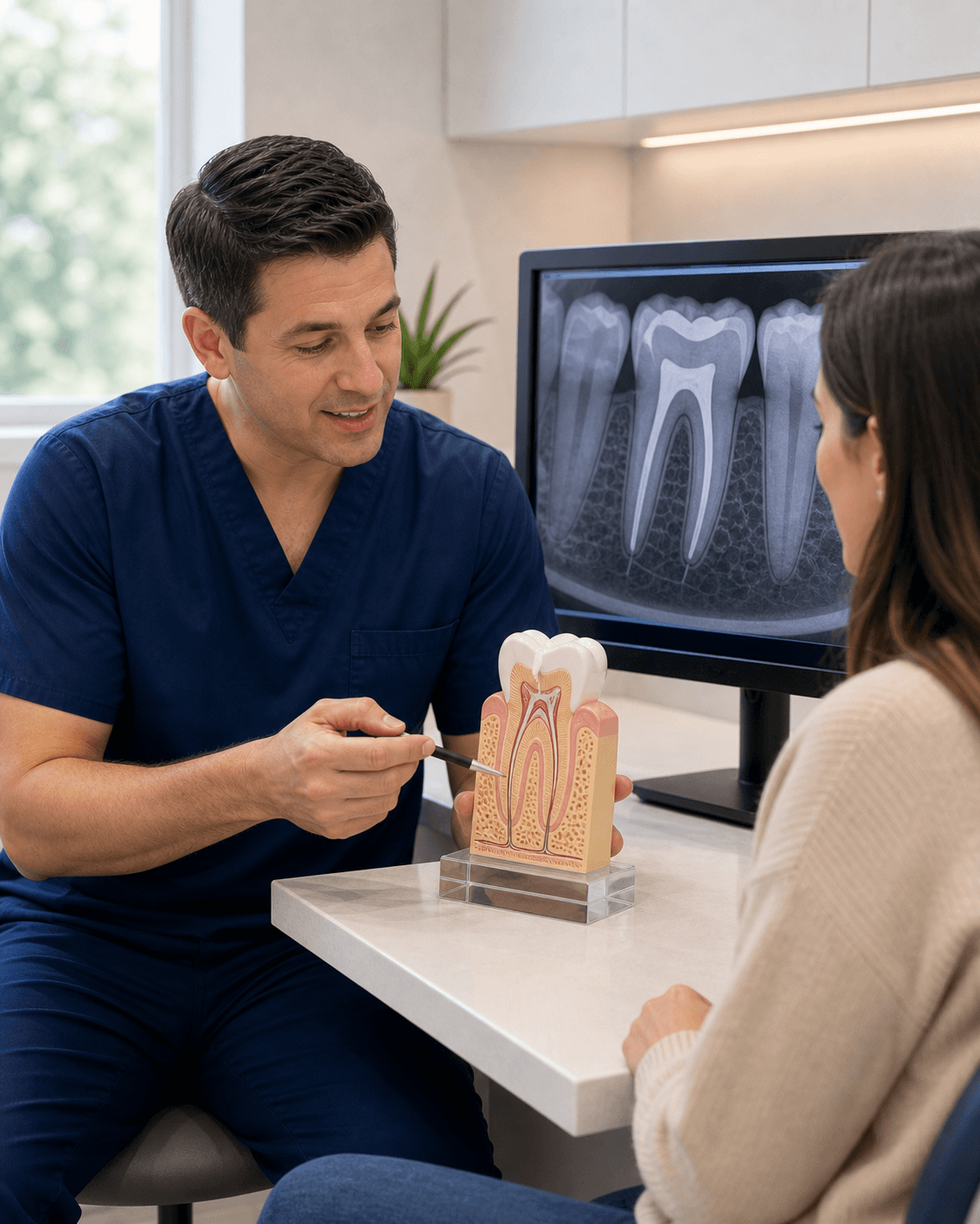 Endodontic retreatment consultation reviewing a previously treated tooth at Bixby Endodontics
