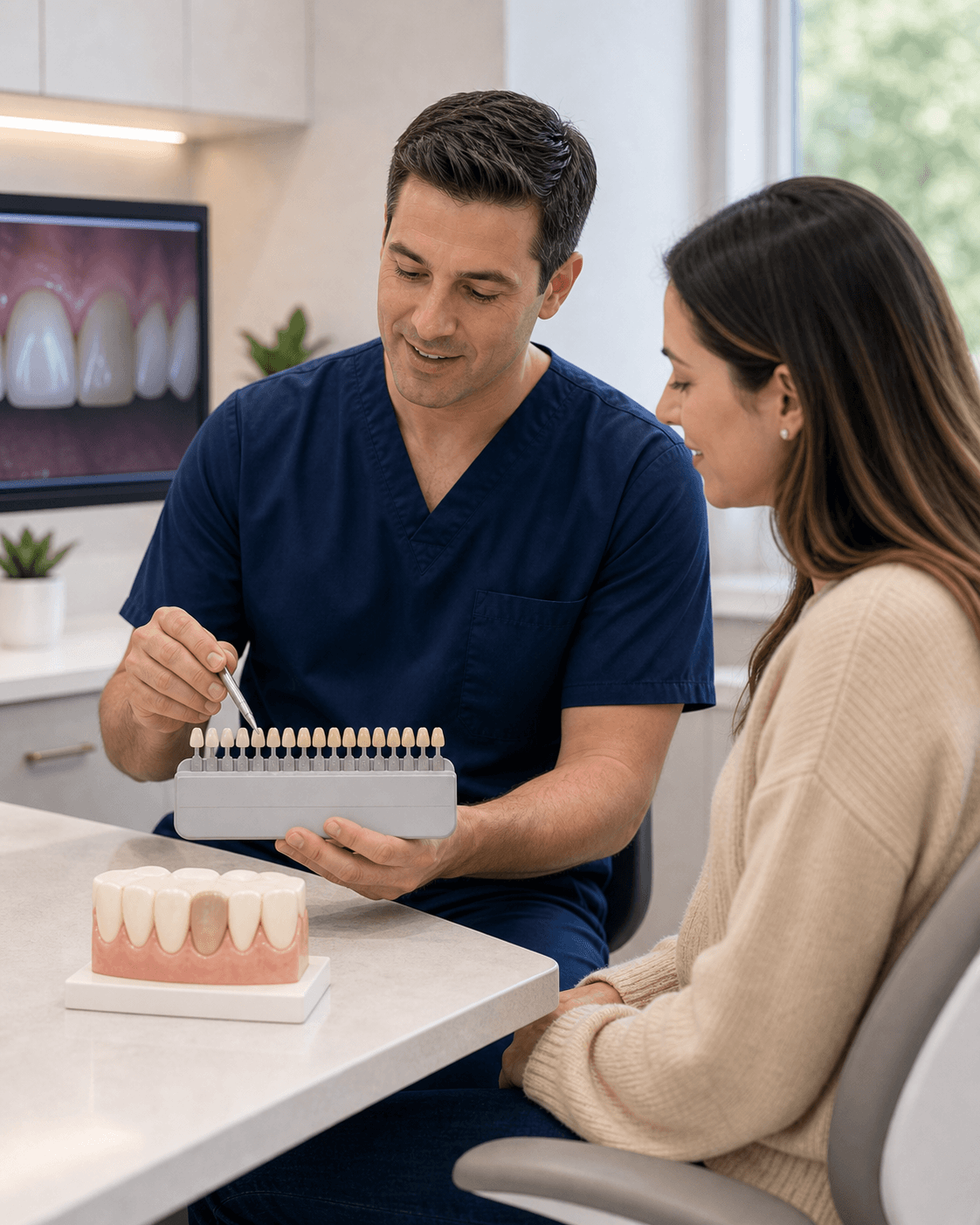 Internal bleaching consultation with a tooth shade guide at Bixby Endodontics