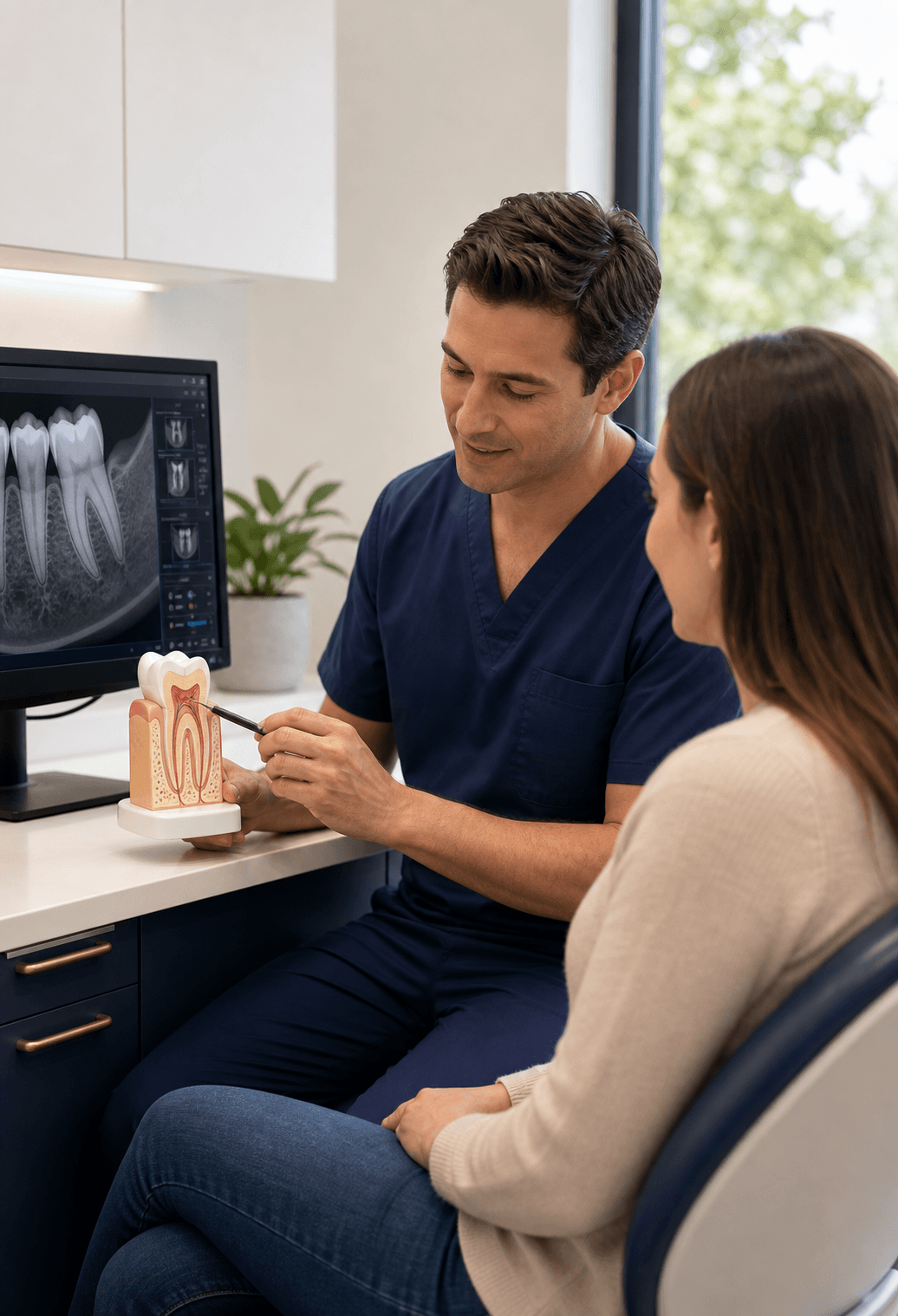 Root canal consultation with a tooth anatomy model at Bixby Endodontics